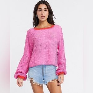 Free People Home Run Bright Pink Crochet Jumper Crop Oversized Sweater Size XS